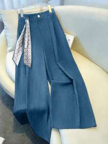 Pantalones de pierna ancha con cintura alta elástica y bolsillos fruncidos en azul marino, con decoración elegante de cinta estampada, versátiles para ocasiones casuales, formales, de fiesta y de vacaciones en primavera/verano - Caqui - Ver 5