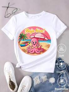 Camiseta de manga corta de moda para primavera y verano de 2026, hecha en México, 180 gramos. Estampado de dibujos animados, modelo de pareja, apta para uso interior o exterior. Cuello redondo, unisex, ideal para oficina y ocio. Paquete de una pieza. - Blanco - Ver 1