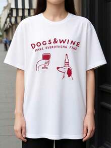 1 pieza 2026 Nueva camiseta de manga corta para mujer, moderna y versátil, con diseño de cuello redondo y estampado único de dibujos animados de cachorros y letras con motivos de vino, cómoda para uso diario. 180g 100% algodón, los diseños están completamente impresos. Unisexo. - Blanco - Ver 1