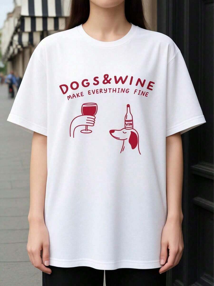 1 pieza 2026 Nueva camiseta de manga corta para mujer, moderna y versátil, con diseño de cuello redondo y estampado único de dibujos animados de cachorros y letras con motivos de vino, cómoda para uso diario. 180g 100% algodón, los diseños están completamente impresos. Unisexo. - Blanco - Ver 1