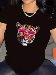 playeras de mujer algodon Camiseta Informal De Manga Corta para Mujer: Estampado De Cara De Tigre Geométrico Negro con Diseño De Gafas De Moda Rosa, Top De Primavera Verano con Cuello Redondo, Lavable A Máquina, Estampado Llamativo, Camisa De Estilo Relajado, Nosotros >ropa - Negro - Ver 6