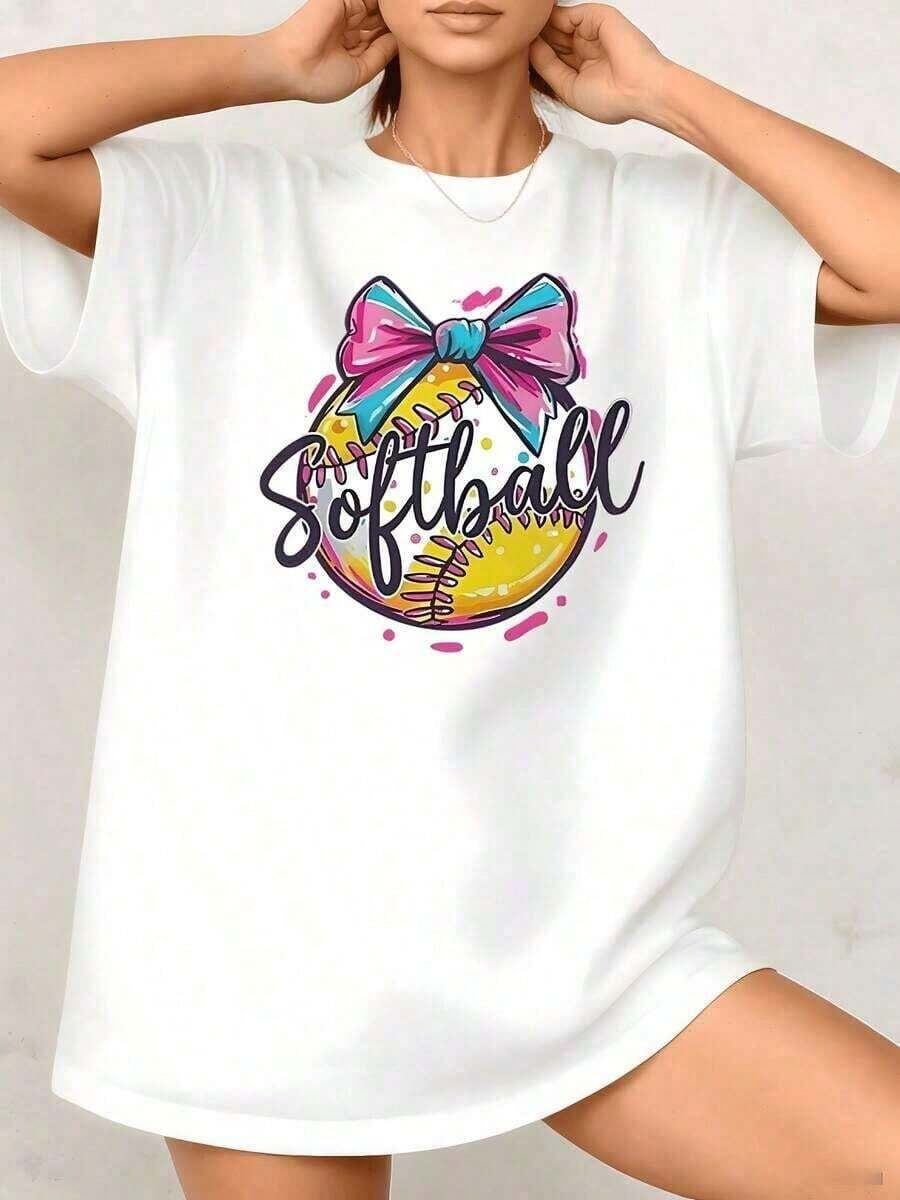 Camiseta de Softbol para Mujer con Estampado Gráfico de Lazo, Diseño Deportivo y Bonito, 100% Algodón, Cuello Redondo, Estilo Casual, 1 Pieza. Son Excelentes Regalos para Amigos y Familiares, para Uso Diario. Camiseta de Manga Corta de Algodón, Cuello Redondo, Estilo Vintage Urbano, Unisex, Corte Holgado. - Blanco - Ver 1
