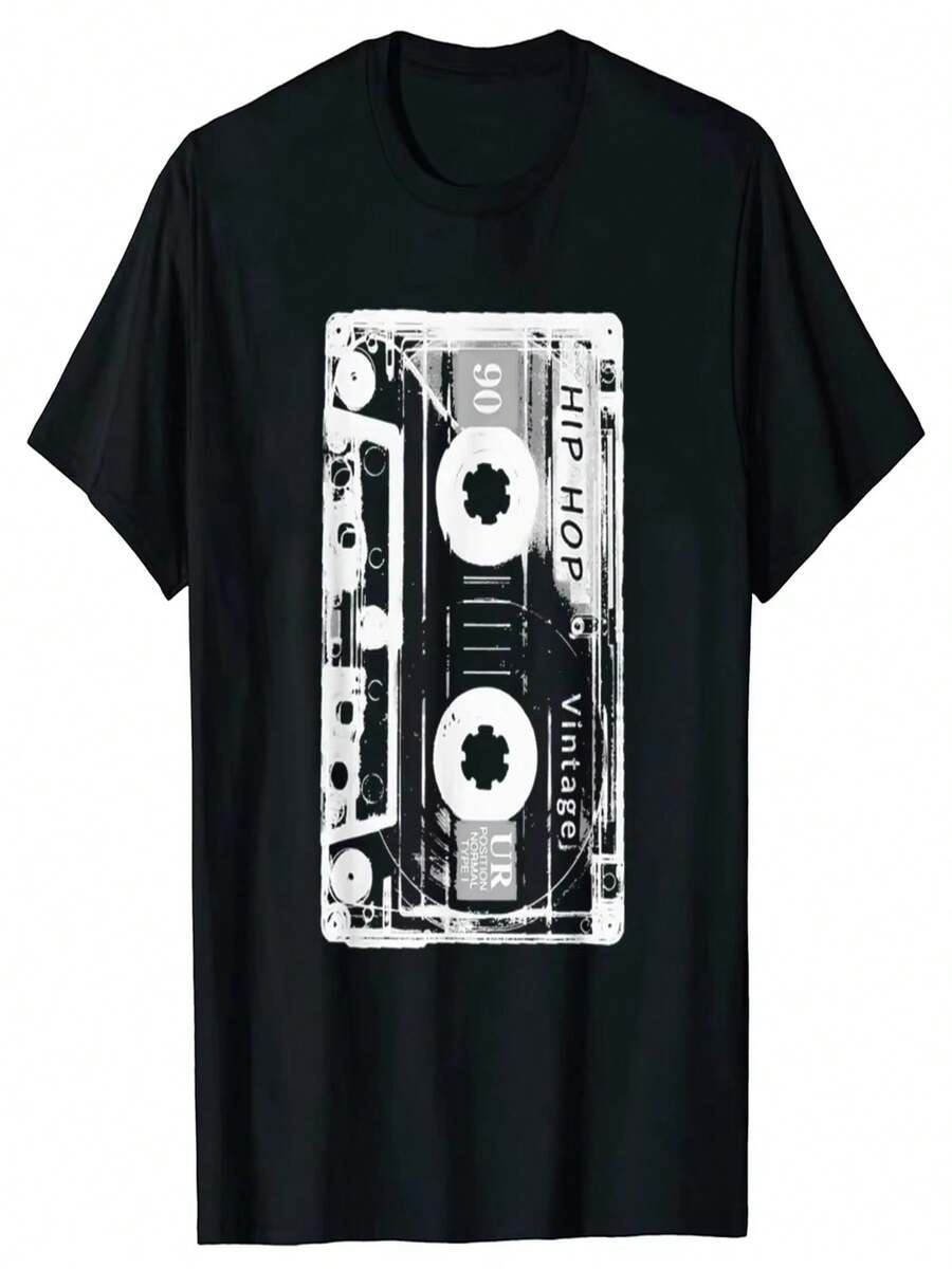 Divertidas cintas de casete retro, música hip-hop, camisetas vintage desgastadas de los 80 y 90. - Negro - Ver 1