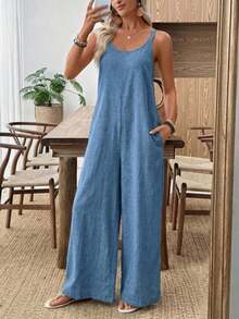 Modern Jumpsuit, Solid Khaki Color, Wide Leg Design For Women - Peacock Blue - View 3