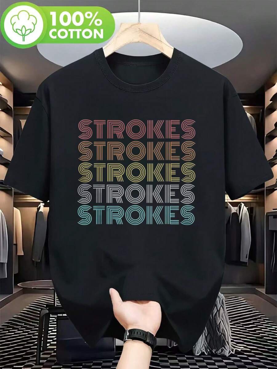 80s Vintage Strokes T-Shirt - Oversized Black Tee With Multicolor Vertical STROKES Print, 100% Short Sleeve Crew Neck Shirt For Casual Wear, All-Season & 80s Style (Ideal Gift) Women Tops - 黑色 - 查看 1