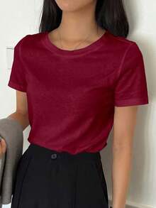 Camiseta De Manga Corta Con Cuello Redondo Y Color Sólido - Burdeos - Ver 8