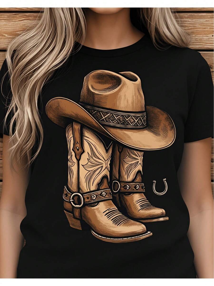 Women's T-Shirt With Western Cowboy Hat And Boots Print, Country Style, Casual Wear For Ranch And Festival Outfits, 2D Women's T-Shirt, Casual Loose Design, Loose And Slightly Oversized - 黑色 - 查看 1
