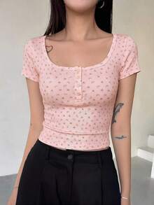 Blusa casual de mujer de unicolor con botones delanteros y mangas cortas, top lindo para uso diario - Rosa 2 - Ver 4