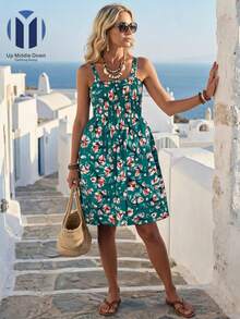 Vestido Casual De Playa Para Mujer Con Estampado Floral De Verano - Verde - Ver 3