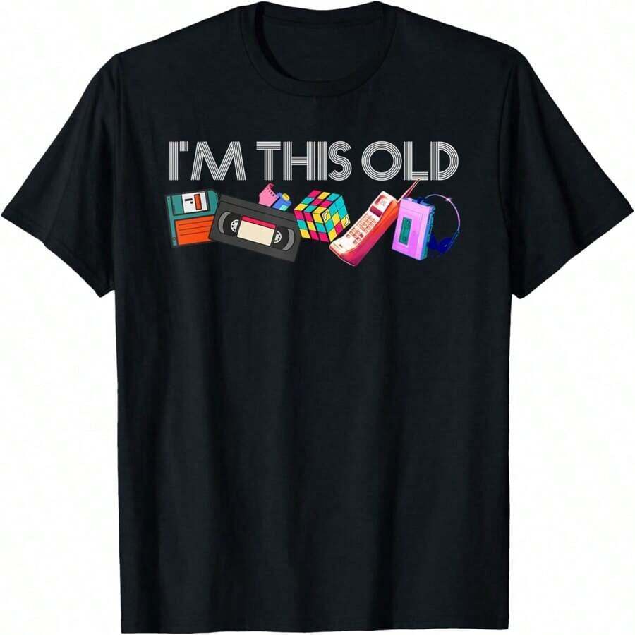 Camiseta Gráfica de Manga Corta: Soy Así de Viejo, Íconos de Tecnología de los 80, Camiseta de Cumpleaños de los 80, Vintage - Negro - Ver 1