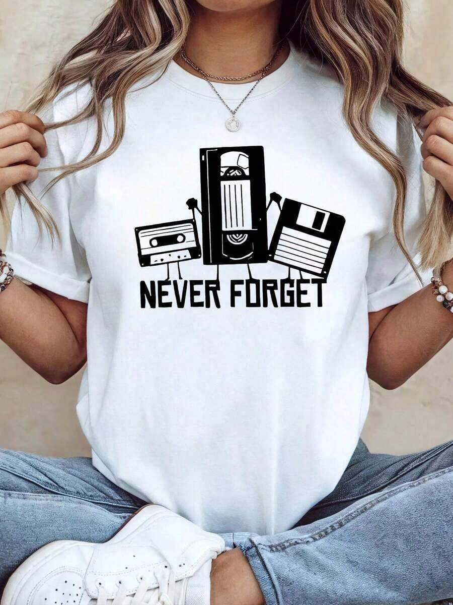 Camiseta de Mujer con Estampado de Casete y Disco Flexible "NEVER FORGET", Estilo Vintage, para Fiestas Temáticas Retro de los 80/90, Camiseta de Manga Corta Nostálgica y Divertida para Salidas Diarias, Adecuada para primavera, verano y otoño. - Blanco - Ver 1