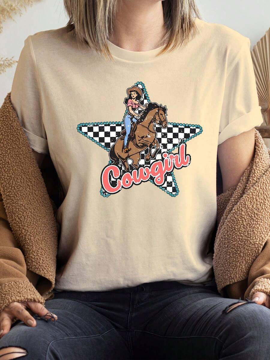 Top casual de verano con estampado de estrellas y cuadros estilo vaquero, camiseta estilo cowboy, estilo vintage, camiseta western para mujer, camiseta con estampado de letras de música country, top casual de manga corta y cuello redondo para verano y primavera, ropa de mujer. - Albaricoque - Ver 1