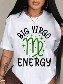 100% Pure Cotton, Women's T-Shirt, Women's Graphic T-Shirt - Virgo Energy Green Stars Logo, Casual Crew Neck T-Shirt, Ideal For Parties And Gifts, Suitable For All Seasons, Women's Tops - 白色 - 查看 6