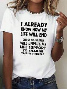 Camiseta casual de cuello redondo para mujer con divertido estampado 'La vida terminará', manga corta, ligera, adecuada para primavera y verano, decoración casual, diseño de texto interesante, camiseta ligera - Estilo vintage urbano, unisex, holgada, de algodón, manga corta, cuello redondo, blusas para mujer. blusas.blusas casuales para dama. - Blanco - Ver 7