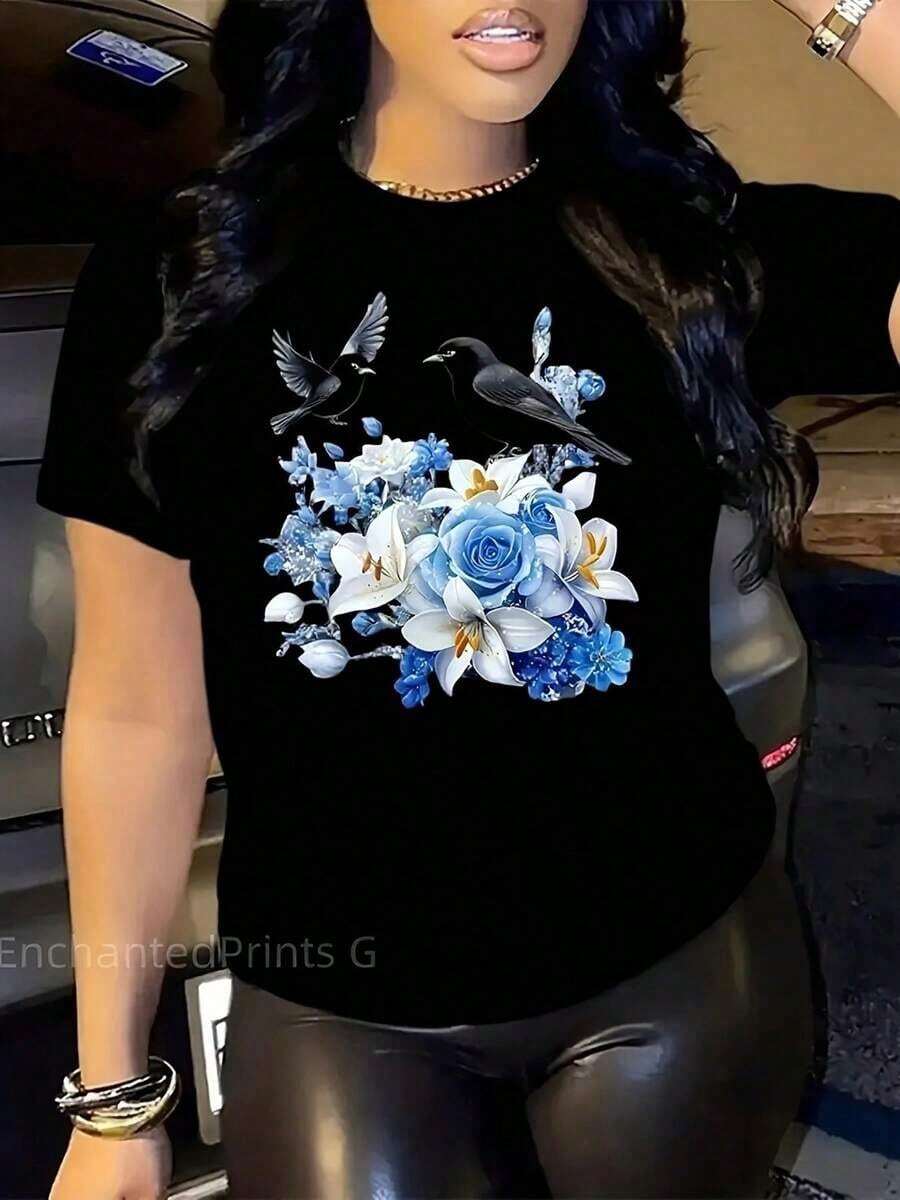 Camiseta elegante mujer cuervos bordados flores azules diseño artístico algodón cómoda casual para fiestas y salidas versátil negra tallas S-XL moda femenina camiseta original búsqueda popular - Negro - Ver 1