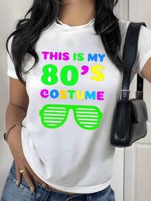 Camiseta con Estampado Gráfico de Gafas de Sol Retro de Neón, 180g, 1 Pieza, Divertida, Estilo Años 80, Casual para Mujer, 100% Algodón, Estilo Vintage para Fiesta - Blanco - Ver 9