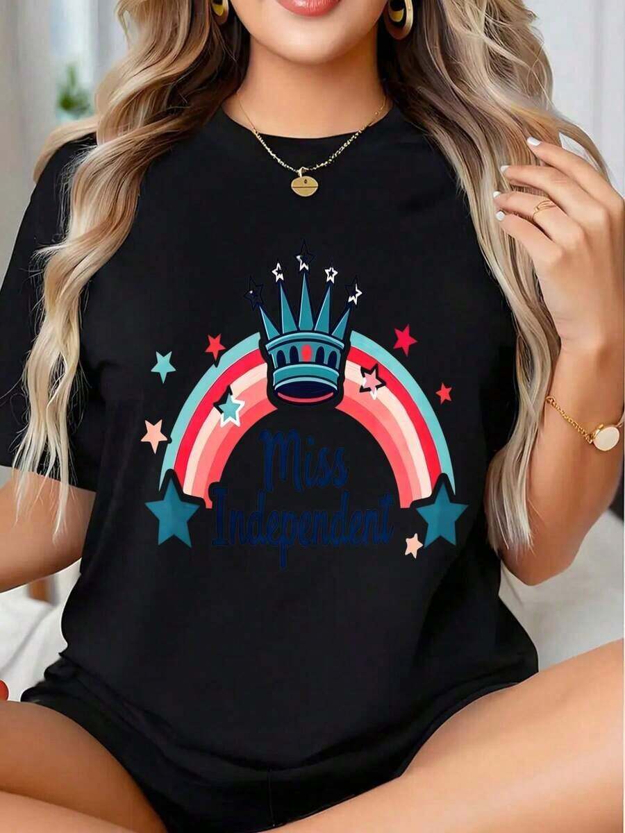 Camiseta Gráfica Miss Independent Crown Rainbow Stars para Mujer, Camiseta de Moda, Ropa Casual para Atuendos Diarios y Ocasiones Especiales - Estilo Urbano Vintage, Unisex, de Algodón, Manga Corta, Cuello Redondo, 100% Algodón - Negro - Ver 1