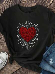Camiseta única diseño corazón de rosas rojas con explosiones de luz estilo y2k ideal para lucir en cualquier ocasión, perfecta para quienes buscan un toque especial en su atuendo, disponible en una sola pieza, añade color y estilo a tu guardarropa. - Negro - Ver 1