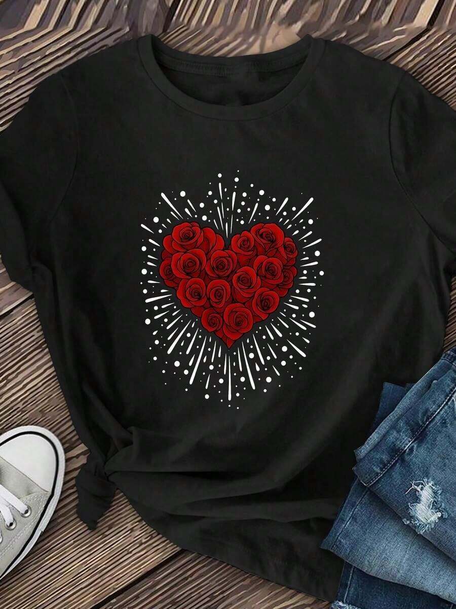 Camiseta única diseño corazón de rosas rojas con explosiones de luz estilo y2k ideal para lucir en cualquier ocasión, perfecta para quienes buscan un toque especial en su atuendo, disponible en una sola pieza, añade color y estilo a tu guardarropa. - Negro - Ver 1