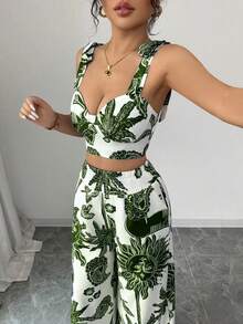 Conjunto-obra de autor de tirantes, estampado único, silueta relajada, minimalismo fresco, pieza esencial para el guardarropa de verano consciente - Verde - Ver 5