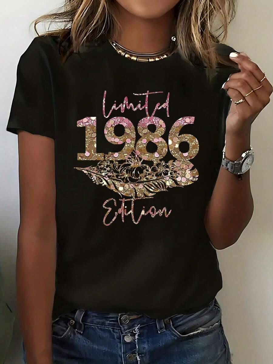 Camisetas de cuello redondo 2026 LH260107 (paquete de 10 piezas), lavables a máquina, camiseta estampada con cuello redondo para primavera y otoño - ropa de moda para mujer para uso diario, camiseta de talla estándar B1 - Negro - Ver 1
