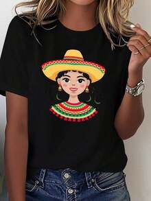 Comfortable, Lightweight Women's T-Shirt For Cinco De Mayo, Mexican Celebration. Comfortable, Solid Color, 100% Cotton, A Popular Choice. Fashionable, All-Match Women's Short-Sleeve T-Shirt, Basic Style For Inner And Outerwear. - 黑色 - 查看 11