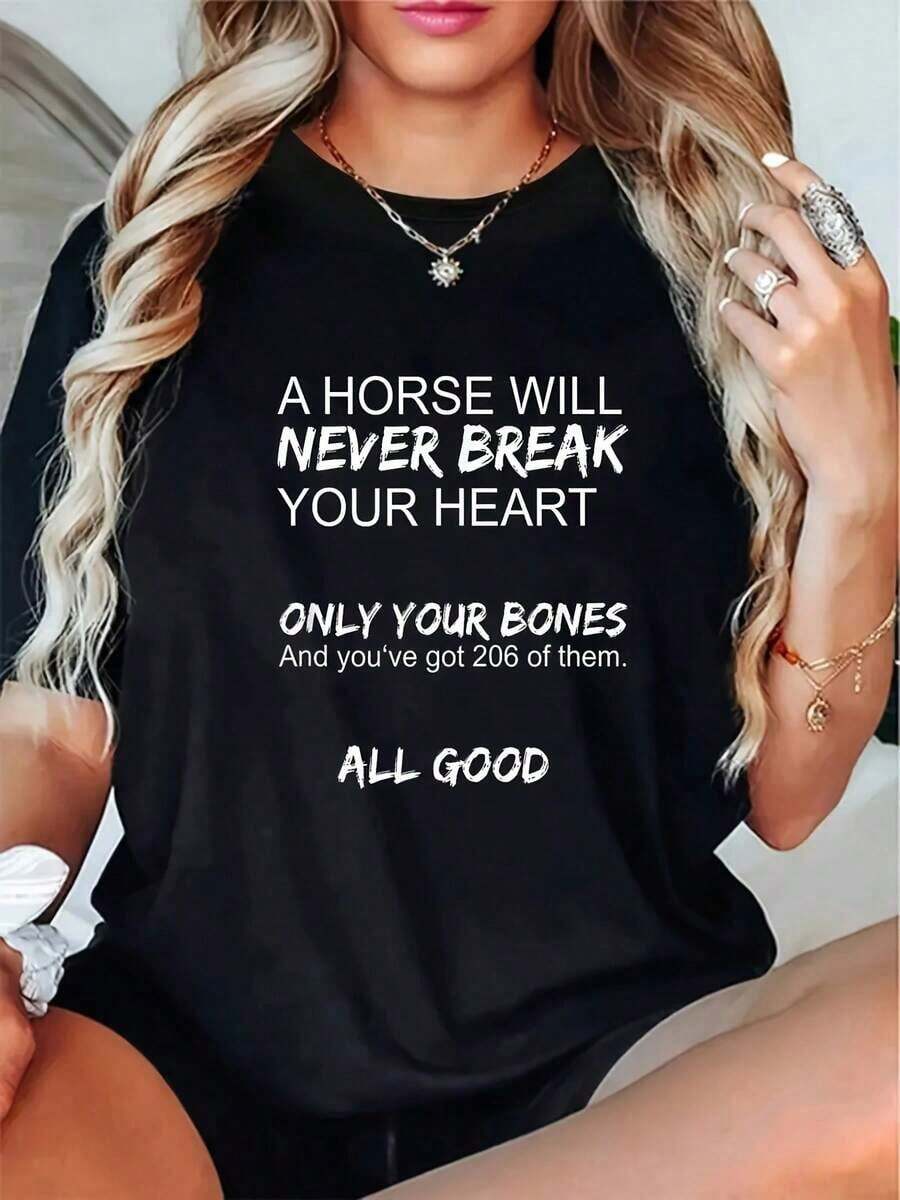 playeras de mujer algodon Camiseta Divertida para Mujer con Diseño de Hueso de Caballo - Un Caballo Nunca Romperá Tu Corazón, Tus Huesos - Camiseta de Manga Corta con Cuello Redondo y Gráfico de 206 Huesos, Camiseta Casual de Primavera Verano para Enamorados >ropa - Negro - Ver 1