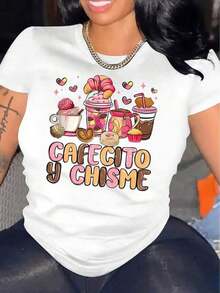 Playeras de mujer de algodón con estampado minimalista de postres, camiseta de manga corta de moda para mujer, camiseta casual deportiva para un atuendo cómodo de verano durante las vacaciones >ropa - Blanco - Ver 7
