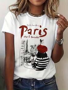 playeras de mujer algodon Camiseta de Mujer C'est Le Paradis Paris con Estampado Francés - Manga Corta y Cuello Redondo, Diseño de la Torre Eiffel y Boina, Tejido Elástico Medio para Verano y Primavera, Lavable a Máquina, Camisetas Casuales, Textura Suave, Estilo París, Ajuste Cómodo, Ideal para Vacaciones, Moda Artística 100% Algodón >ropa - Blanco - Ver 7