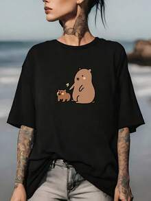 Camiseta con diseño de pareja de mapaches adorables - El regalo perfecto para el entretenimiento familiar en el Día de la Independencia, una camiseta casual y suave adecuada para actividades de team building en la oficina, elegante y cómoda, ideal para celebraciones al aire libre. Camiseta de manga corta cómoda y versátil. - Negro - Ver 7