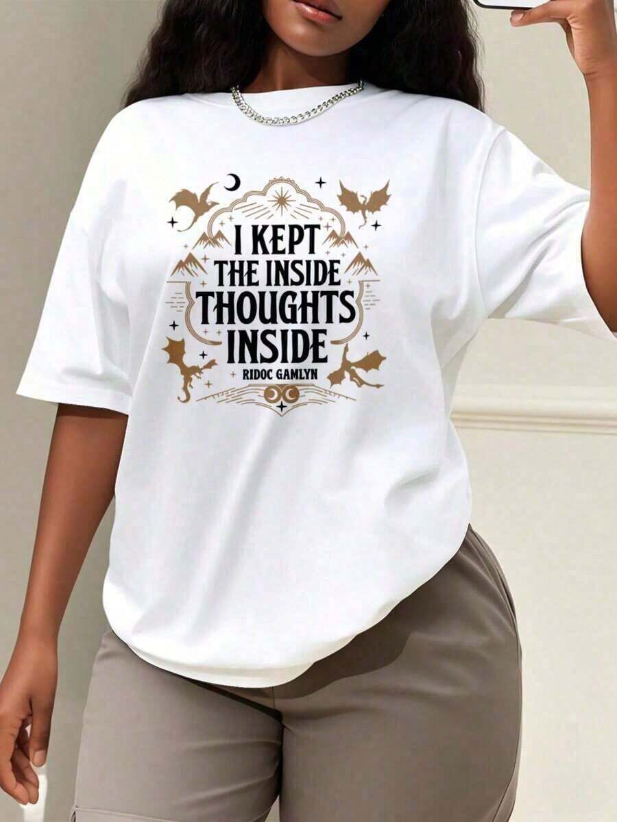 1 pieza de camiseta de estilo oversize para mujer, camiseta Ridoc Quest, camiseta "I Kept The Inside Thoughts Inside", camiseta con diseño "Onyx Storm Fourth Wing" para fans, camiseta "Basgiath War College", camiseta oversize para mujer, perfecta para fiestas navideñas o como regalo, suave y cómoda, 180g de algodón 100%. - Blanco - Ver 1