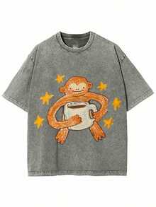 Monkeys Drinking Coffee Printed T-Shirt | High-Quality Batik Retro Fashion Brand, Unisex, Casual Style, Crew Neck, Fla Hem, Short Sleeves, Perfect For Daily Wear And Holiday Gifts Unisex Vintage Washed Cotton Short Sleeve T-Shirt,Vintage Washed Tee,Gender Neutral Faded Easter Egg Graphic Crew Neck Tee - Màu xám đen - Xem 14