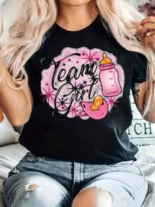 Camiseta linda para fiesta de revelación de género, baby shower, para mujer, para el Día de San Valentín, de algodón puro pesado de 220 g, cuello redondo, informal (1 pieza) blusa casual mujer playeras de mujer algodón - Negro - Ver 8