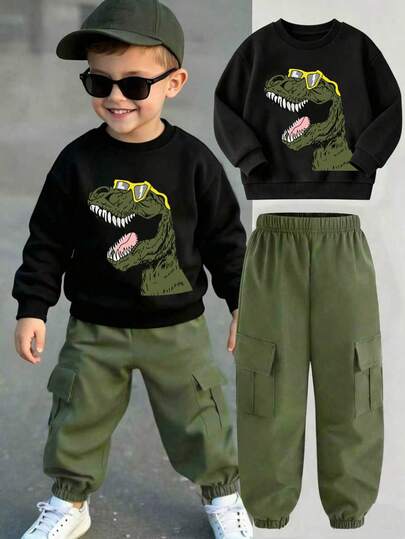 Young Boy Cartoon Dinosaur Print Crew Neck Sweatshirt And Cargo Pants Casual Set