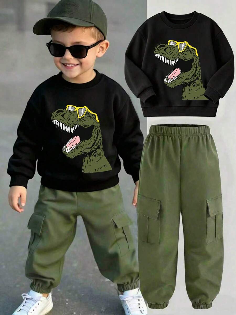 Young Boy Cartoon Dinosaur Print Crew Neck Sweatshirt And Cargo Pants Casual Set - Black - View 1