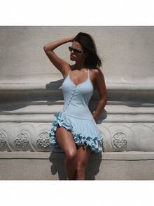 Vestido de mujer azul claro de tela tejida, corte en A, manga tres cuartos, escote en V, bajo corto acampanado. - Azul - Ver 3