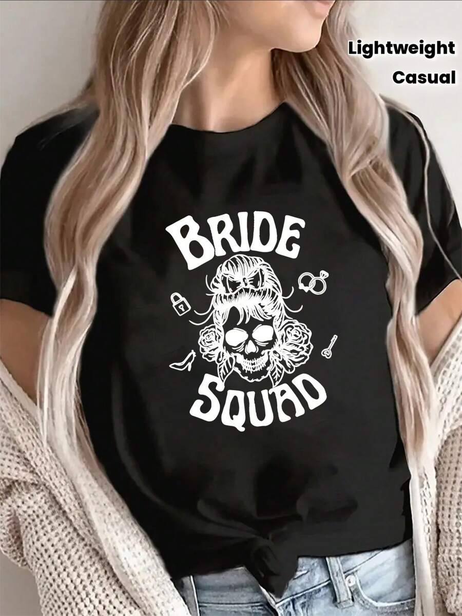 1 camiseta ligera y duradera, estampada con un diseño de calavera, perfecta para despedidas de soltera y ocasiones nupciales, ropa casual para mujer, diseño estampado, top de manga corta, 180g 100% algodón. - Negro - Ver 1