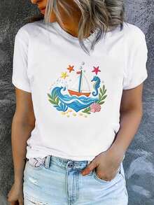 Camiseta de manga corta estampada para mujer con cuello redondo, moderna y casual, lavable a máquina, ajuste cómodo, estampado plano 2D, Blusas Para Mujer Casual 2D. - Blanco_06 - Ver 7