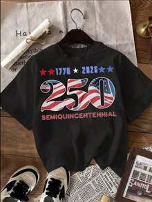 Camiseta de manga corta con cuello redondo para mujer, con estampado de la bandera estadounidense, 250º Día de la Independencia, 1776-2026, semiquincentenario, para celebraciones patrióticas y días festivos nacionales. - Negro - Ver 2