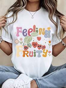 Camiseta Casual con Estampado Frutal, Blanca, de Corte Holgado, con Diseño de Frutas y Flores Coloridas y Texto. - Blanco - Ver 6