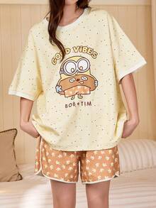 Gongdie Universal Bộ đồ ngủ nữ 2 món, bộ đồ ngủ ngắn tay bằng cotton mùa hè, họa tiết hoạt hình dễ thương kết hợp chấm bi. - Màu vàng - Xem 9