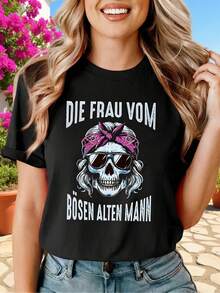 Camiseta de manga corta para mujer con cuello redondo, estampado de texto en alemán "LA MUJER DEL VIEJO MALO", estilo casual, ropa de calle, regalo para festivales, atuendo para reuniones de amigos, primavera-verano. - Negro - Ver 6
