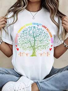 Camiseta con Estampado del Árbol de la Vida con Diversidad, Paz, Igualdad, Amor, Inclusión y Esperanza para Atuendos Casuales y Deportivos - Estilo Urbano Vintage Unisex, Camiseta de Manga Corta de Algodón 100% Algodón - Blanco - Ver 7
