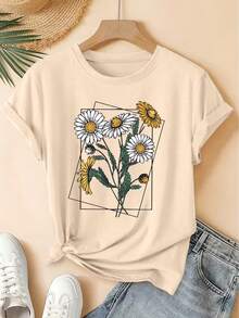 100% Pure Cotton, Women's T-Shirt Spring/Summer 2026, New Short-Sleeved T-Shirt With Round Neck And Daisy Print, Casual Retro Distressed Top, High-Quality Women's Clothing With Soft Fabric. | Fun And Playful Design | Suitable For Spring - 杏色 - 查看 7