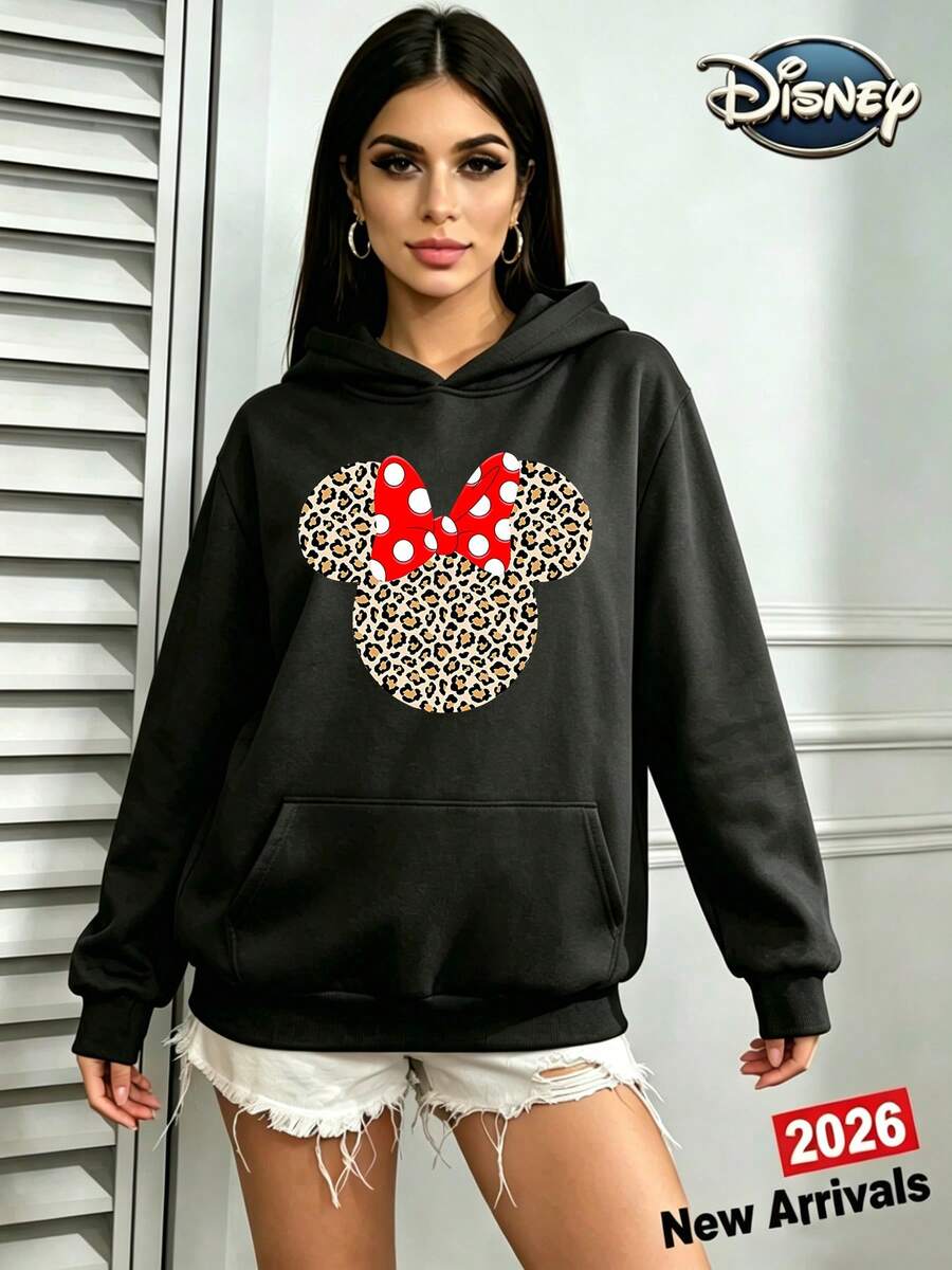 The Disney Minnie Mouse Leopard Print Bow Hoodie Is A Fun And Relaxed-Fit Top With A Casual And Stylish Print. It's A Versatile And Easy-To-Match Holiday Gift Choice. (Women's Autumn/Winter Clothing/Elegant Women's Wear/Patterned Hoodies/Printed Tops/Women's Casual Wear/Women's /Holiday Suits/Plus Size Friendly) - màu đen - Xem 1
