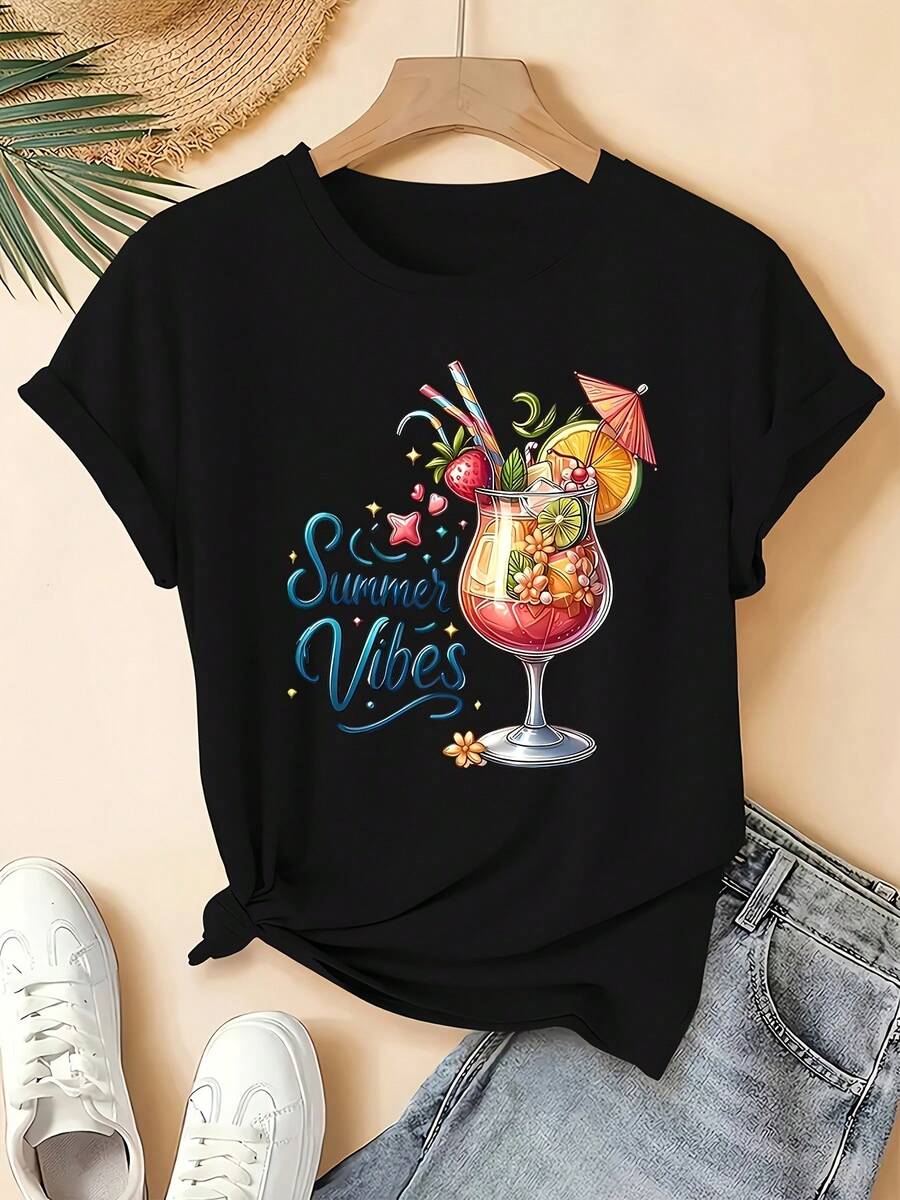 Camiseta estampada de verano para mujer | Lindo diseño retro de cócteles y frutas con el texto "Summer Vibes" - Atuendo casual para fiestas en la playa - Camiseta de manga corta suave para uso diario - Blusas no transparentes y lavables a máquina para mujer. - Negro - Ver 1