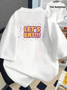 Camiseta estampada de manga corta con diseños en la parte delantera y trasera - ¡VAMOS A COMER!Camiseta estampada de moda para primavera y verano de Foodie-lady, ¡tu mejor elección! Camisa elegante adecuada para fiestas. - Negro - Ver 6