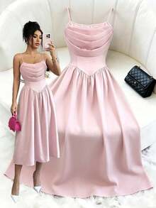 Nuevo vestido de fiesta elegante y romántico de longitud media para mujer, con cuello drapeado, sin mangas y cintura ceñida - Rosa vieja - Ver 3
