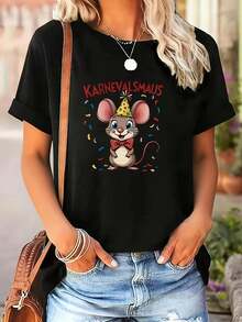Camiseta casual de corte holgado con diseño de estampado de ratón de Carnaval. | Camiseta multifuncional de manga corta para mujer, adecuada para usar en primavera y otoño, diseño de cuello redondo, cómoda y práctica, económica y asequible, producto nuevo en el mercado, camiseta estampada de verano, cuello redondo, casual y versátil, ideal para uso diario, viajes o vacaciones, adecuada para niños, niñas y adolescentes, diseño unisex. - Negro - Ver 1