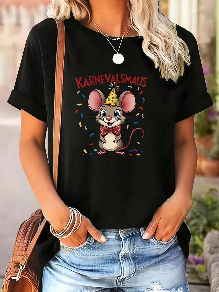 Camiseta casual de corte holgado con diseño de estampado de ratón de Carnaval. | Camiseta multifuncional de manga corta para mujer, adecuada para usar en primavera y otoño, diseño de cuello redondo, cómoda y práctica, económica y asequible, producto nuevo en el mercado, camiseta estampada de verano, cuello redondo, casual y versátil, ideal para uso diario, viajes o vacaciones, adecuada para niños, niñas y adolescentes, diseño unisex. - Negro - Ver 1